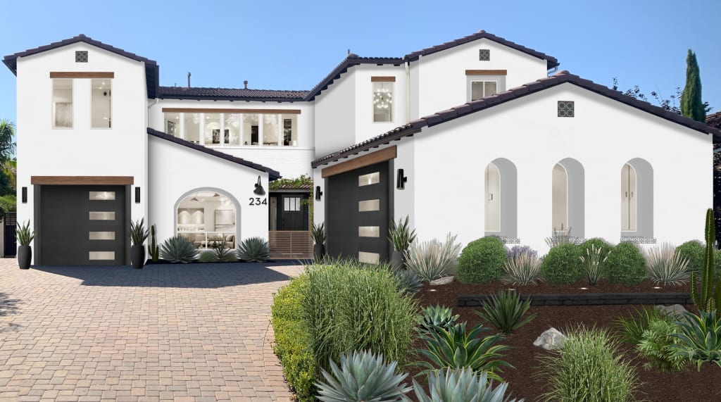 A rendering of a home with a modern garden layout