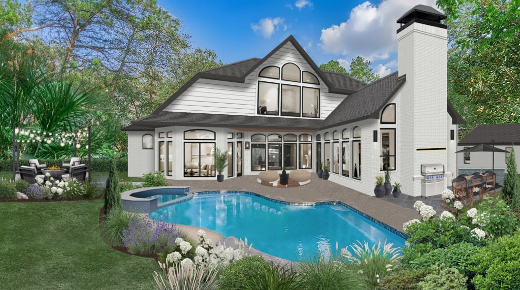 A rendering of a backyard with a pool