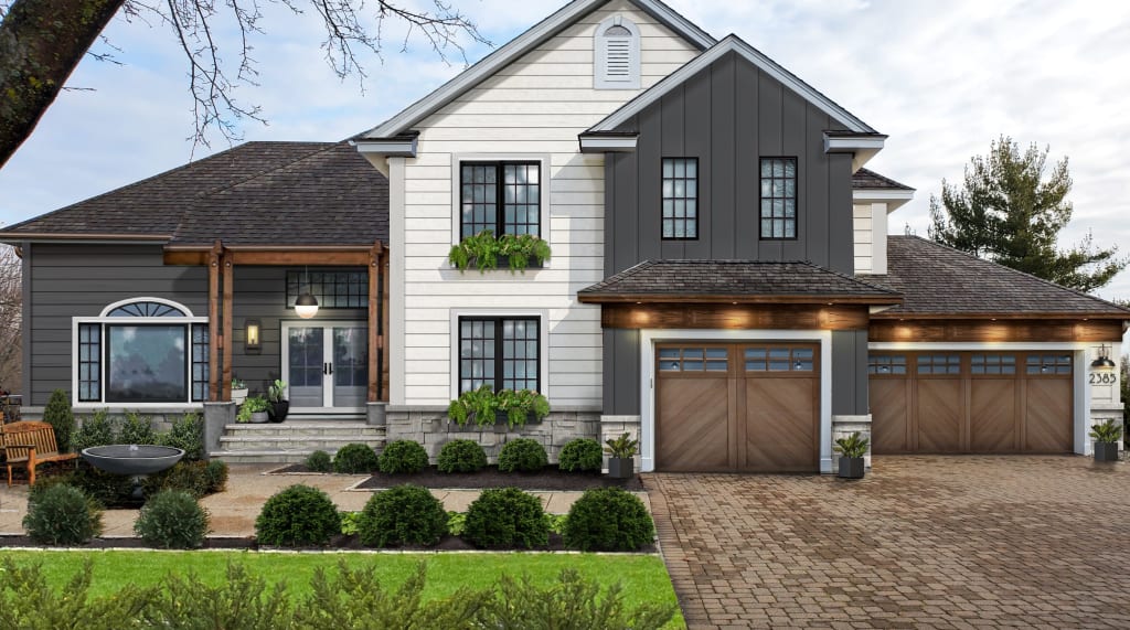 Digital rendering of a home exterior with siding and wood accents.