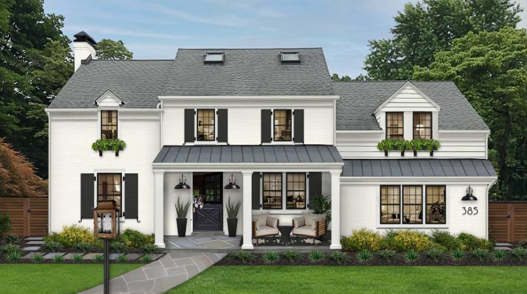 Virtual rendering of a traditional white home with window boxes on the upper level