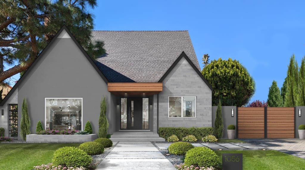 A rendering of a home with white vinyl windows