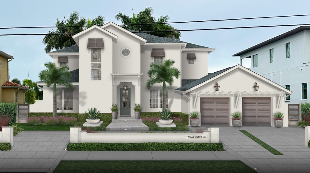 coastal beach home with Bahama shutters and minimal landscaping