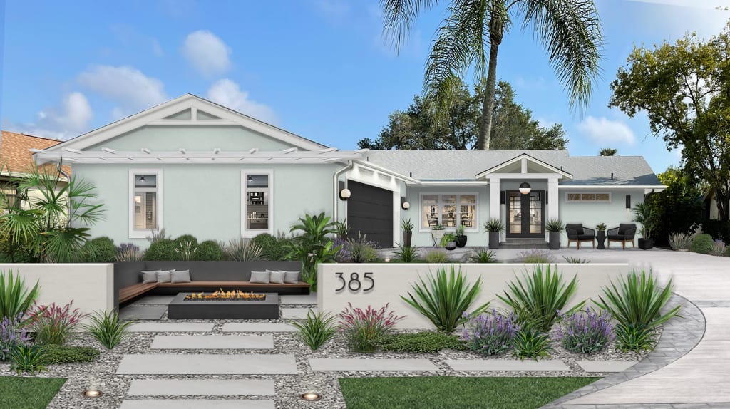 light blue tropical ranch house with white trim