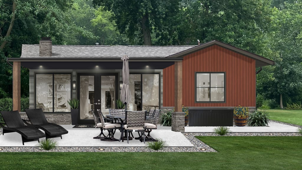 The backside of a home with two types of metal siding