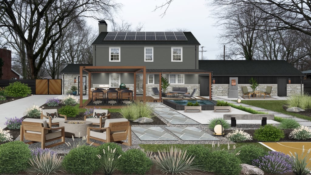 backyard hardscape complete with an outdoor dining table