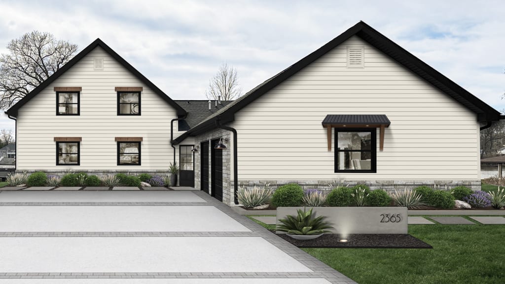 A rendering of a home with white horizontal siding