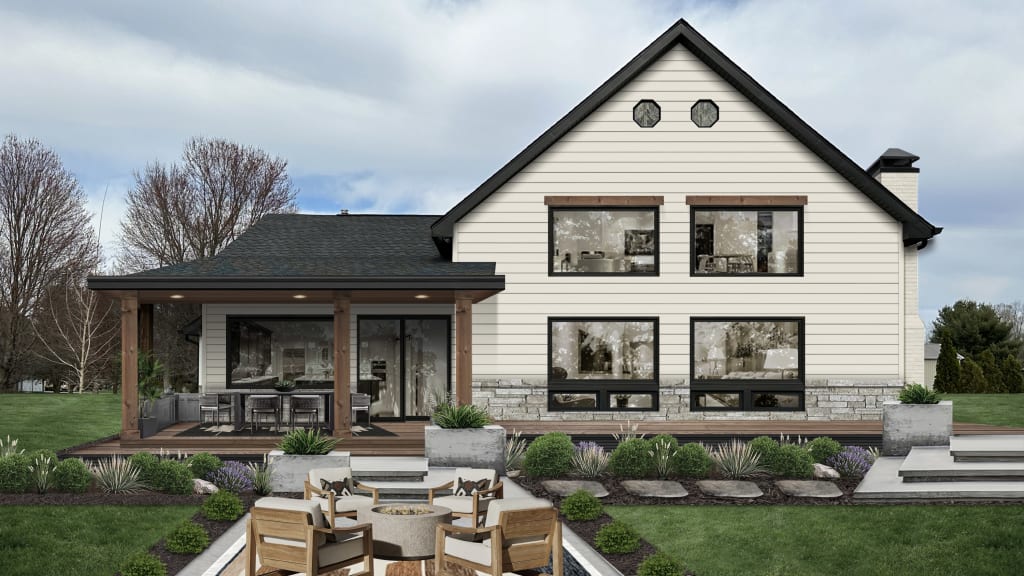A rendering of a home with white horizontal siding