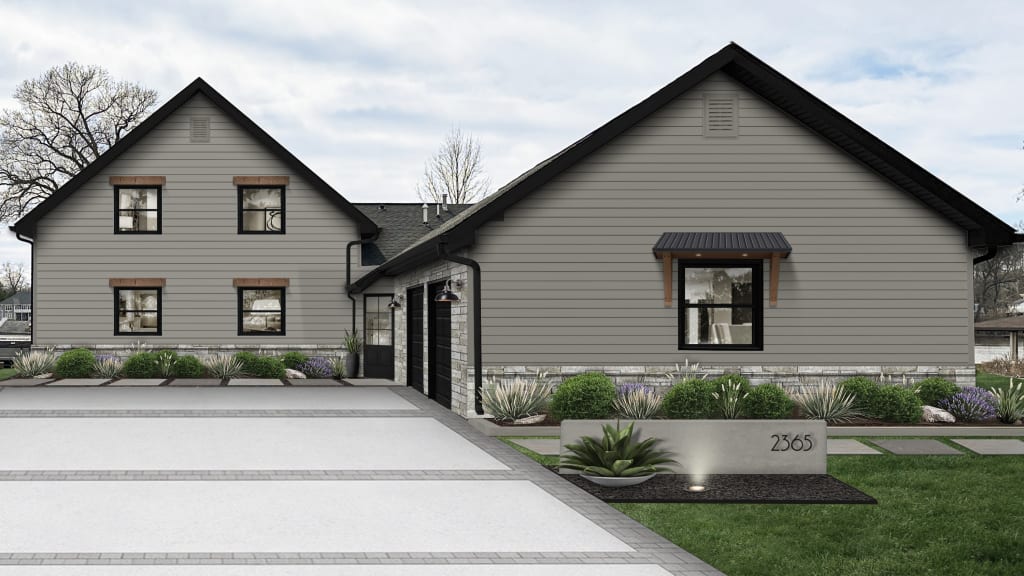 A rendering of a home with gray siding