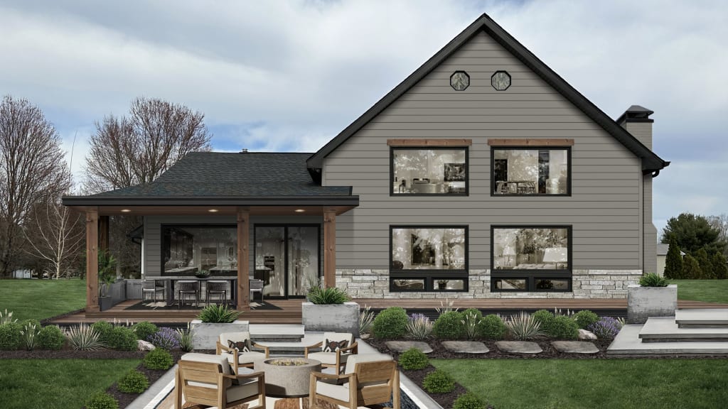 A rendering of a home with gray siding