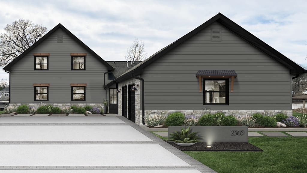A rendering of a home with gray siding