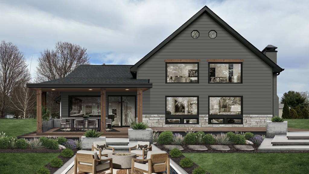 A rendering of a home with gray siding