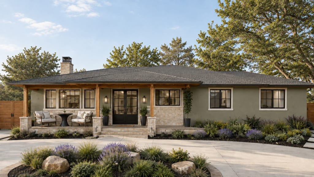 Transitional home painted in earthy colors to include Sage Mountain with a Black door and warm stone.