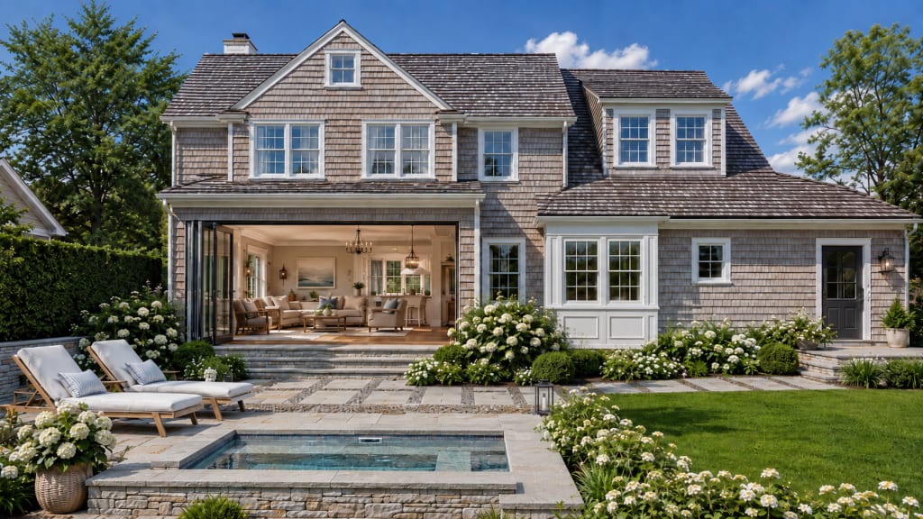 A traditional home with a sunroom and a plunge pool in the backyard landscaping.
