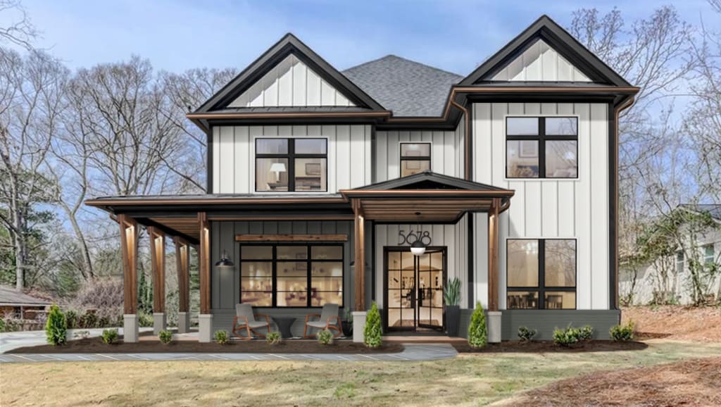 Virtual exterior design of a farmhouse with a porch and modern accents