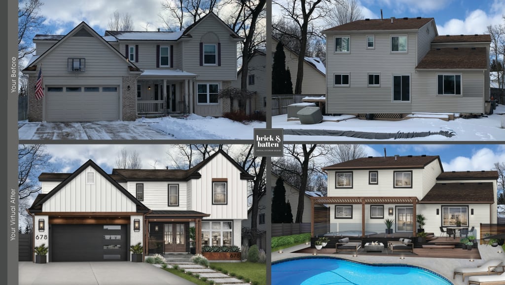 before and after of a modern farmhouse with a backyard kidney shaped pool