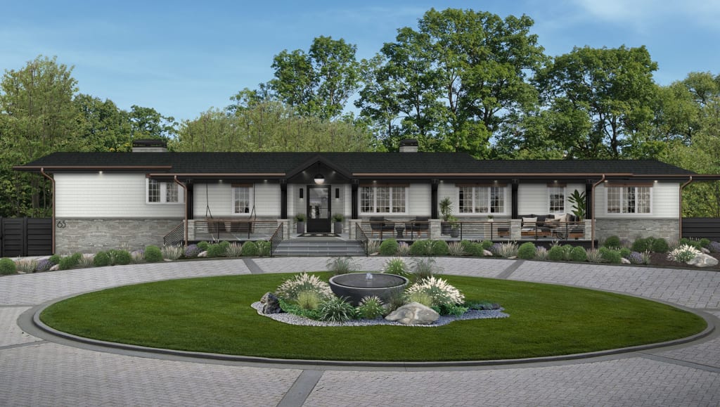 Long ranch home with large front porch and circular driveway