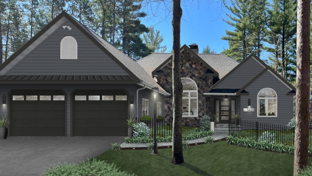 Home with a dark color palette and stone accent wall.