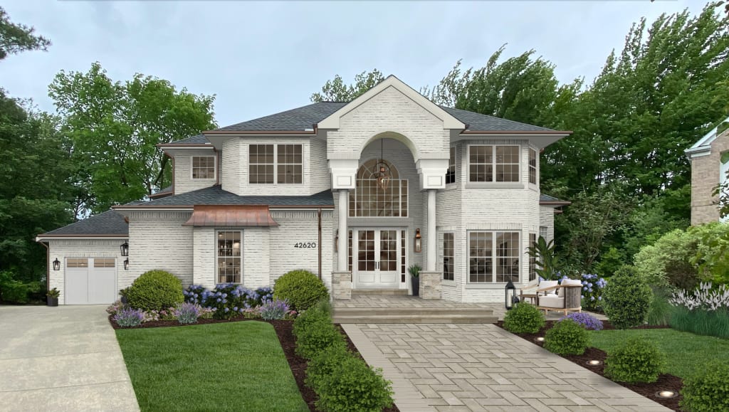 A rendering of a Southern-style modern mansion exterior