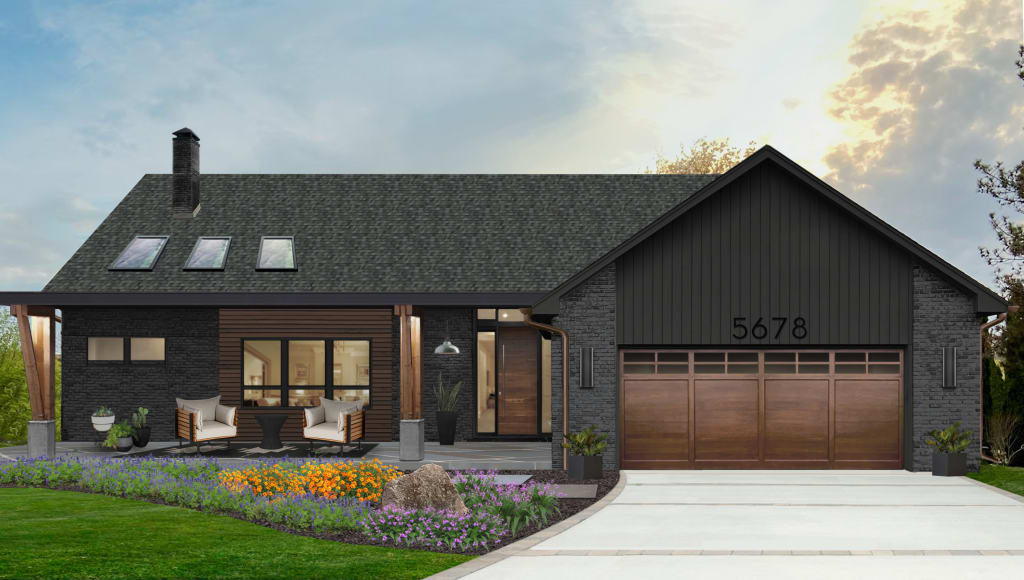 ranch with porch painted black and dark gray with wood garage
