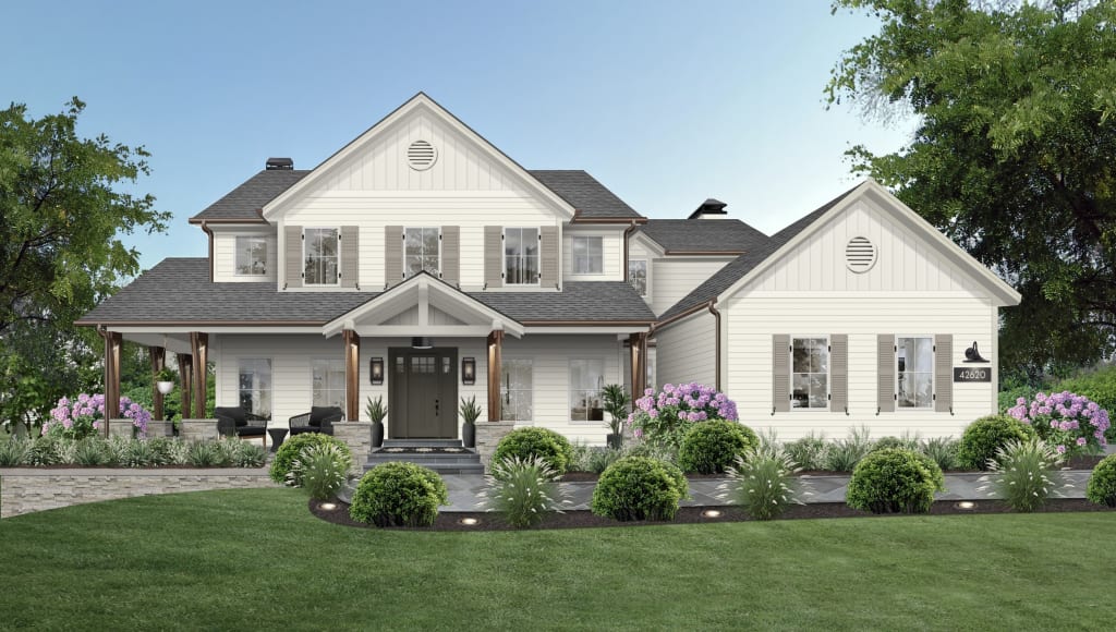 Farmhouse style home with warm white siding, greige shutters, and wood columns.
