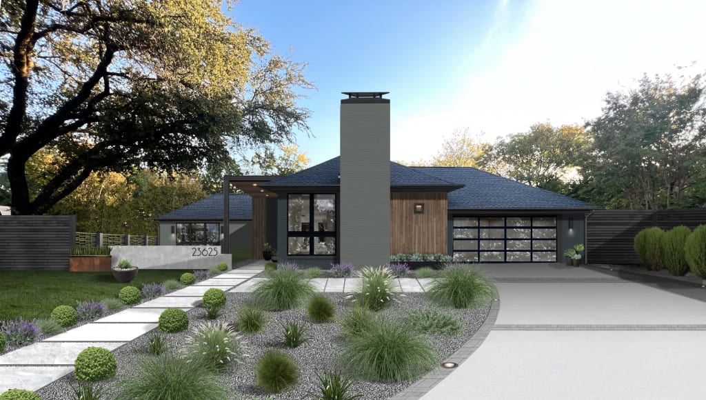 Color blocked mid-century home with glass paneled garage door