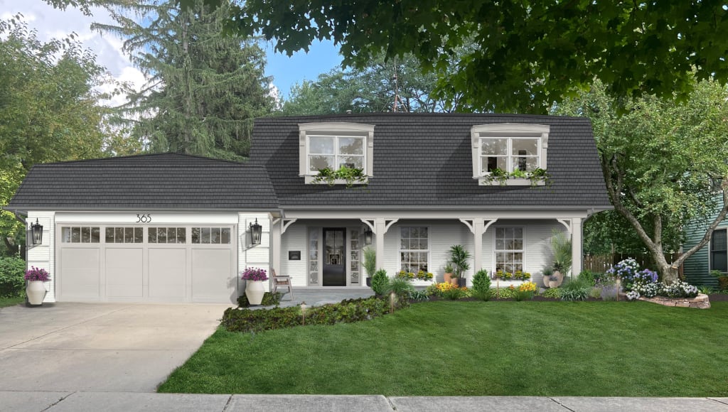 A home rendered in Benjamin Moore's Chantilly Lace — one of our best exterior house colors of 2024