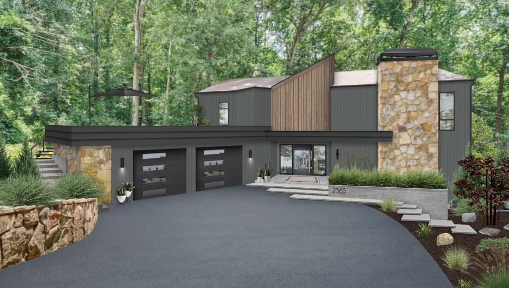 Digital rendering of a home exterior with gray paint and stone accents.