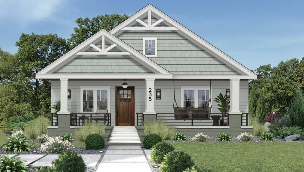 Photorealistic home exterior rendering with light green shingled siding and white trim.