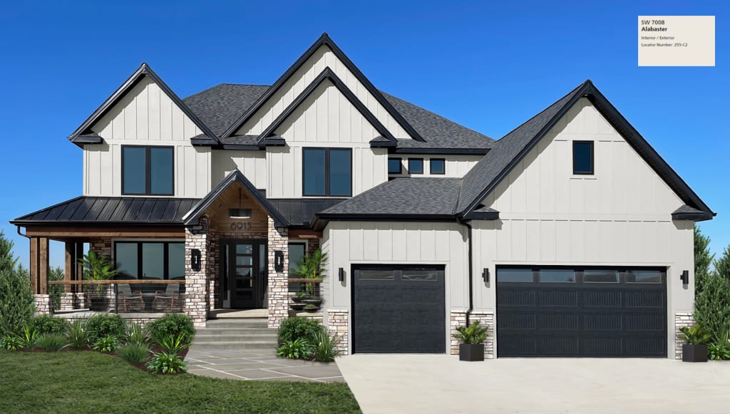 Virtual exterior design of a rustic modern home painted in Sherwin Williams Alabaster