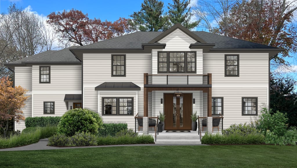 Rendering of a home exterior with a neutral color palette and wooden accents.