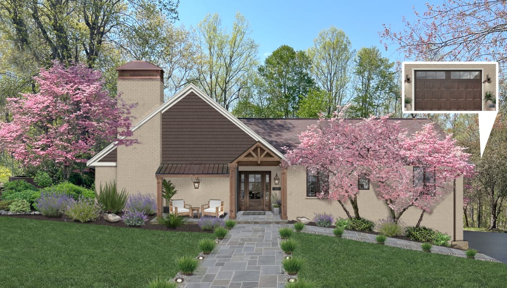 Digital home rendering with a vibrant front yard featuring cherry blossom trees and plentiful flowers.