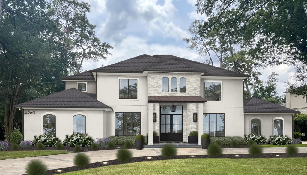 house with white stucco and brick with charcoal gutters