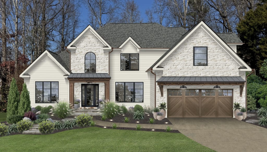 Virtual rendering of a home with siding and stone painted in soft white, black windows, black front door, and wood garage door.