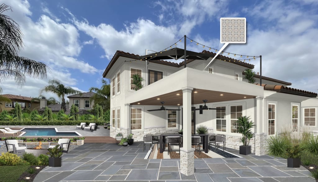 two story home with covered patio and large balcony