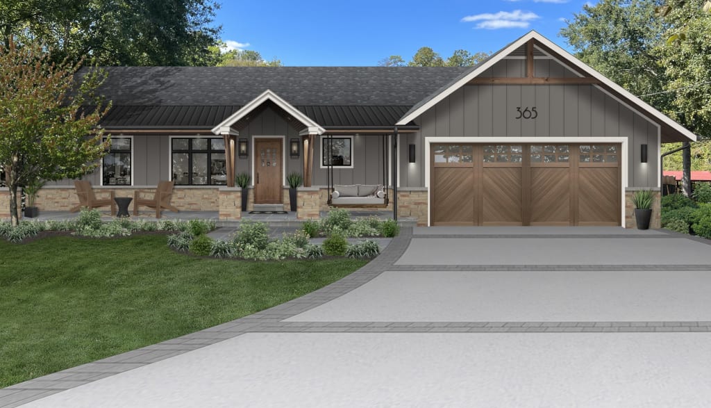 A home rendered in Gauntlet Gray, one of the best Sherwin Williams exterior paint colors 2024 has to offer