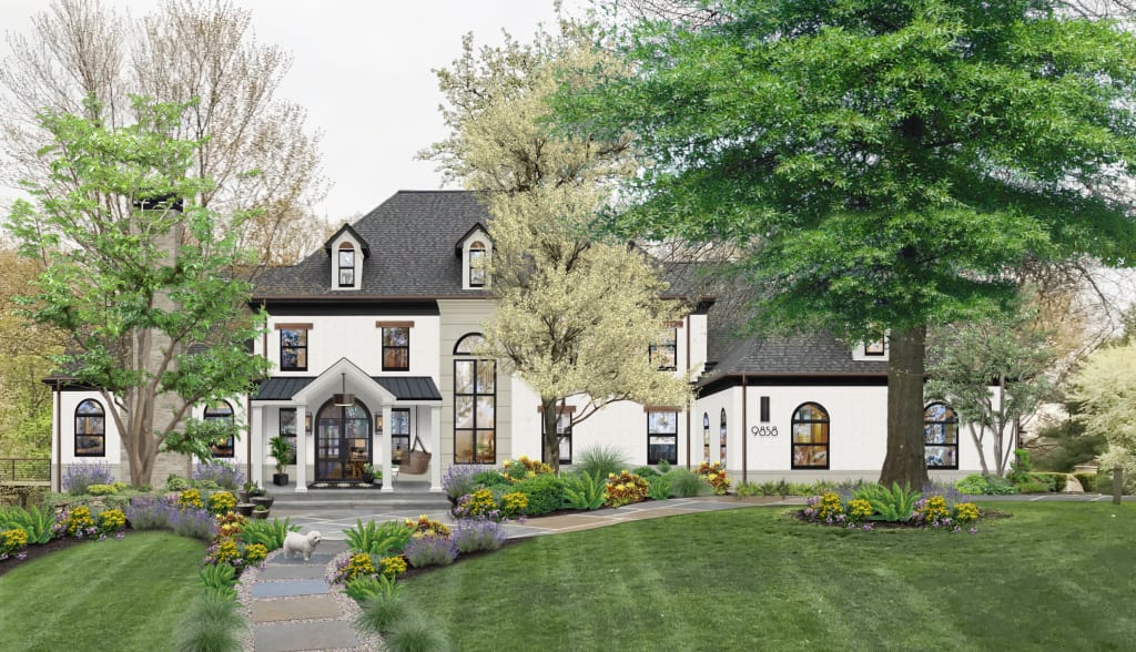 Virtual exterior design of a traditional two story home painted Simply White with Winterwood accents