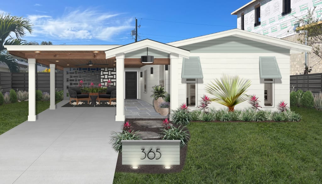 A rendering of a home with Bahama shutters