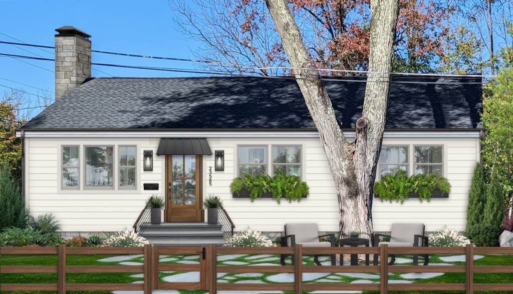 traditional house with white siding and small black door awning