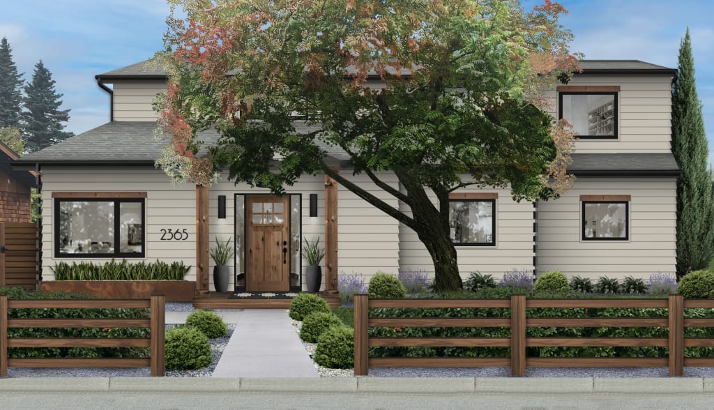 A rendering of a home with one of brick&batten's favorite Home Depot exterior doors