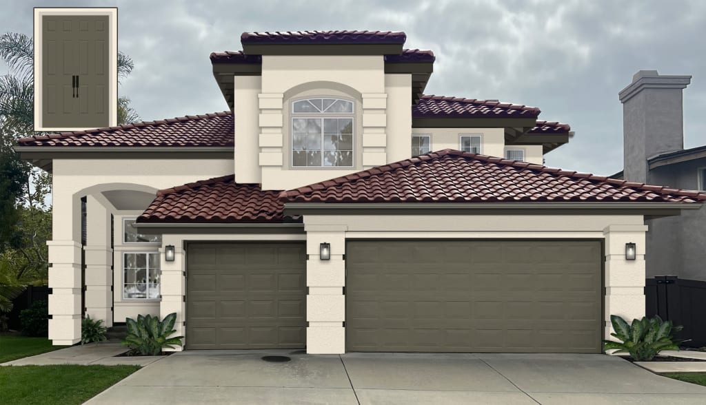 Rendering of a stucco home exterior with off-white paint, and gray and greige accents.