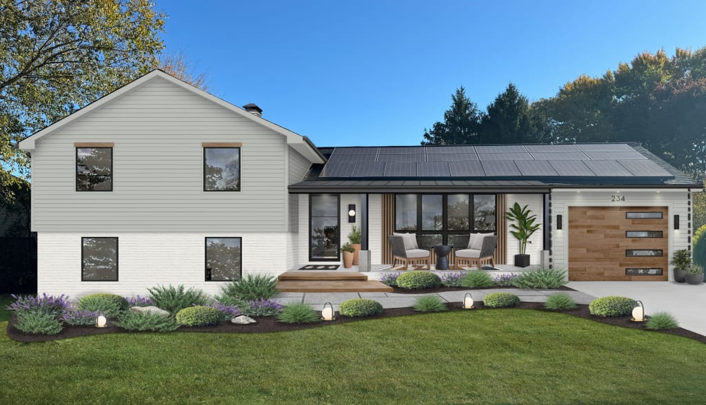 house with gray siding and white brick with modern accents