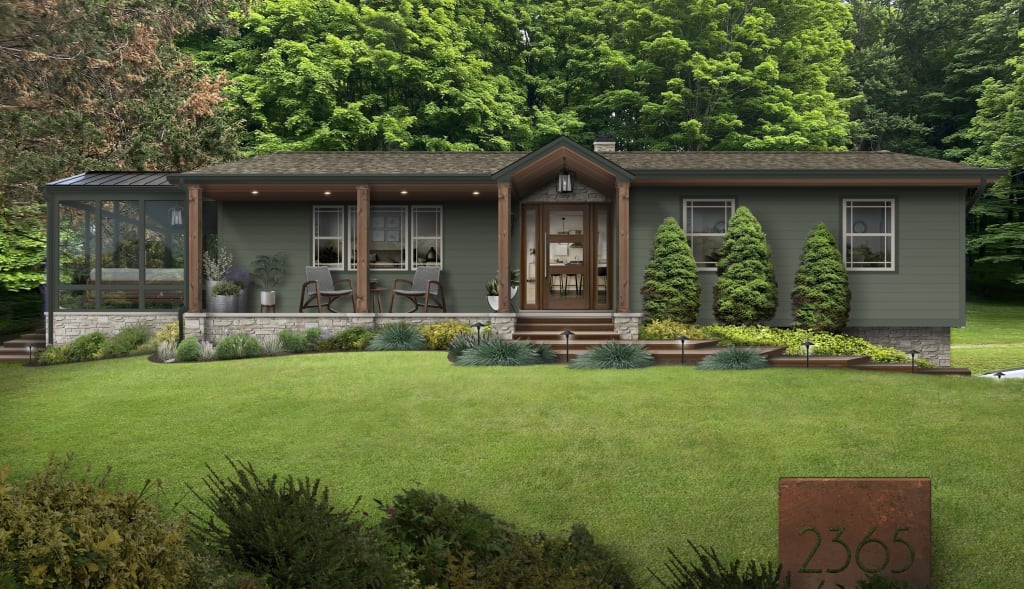 One story rancher with wood columns, stone skirting, and updated lighting.