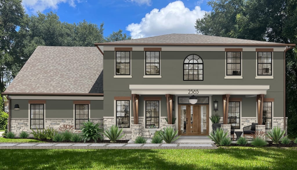 A home rendered in Cast Iron, one of the best Sherwin Williams exterior paint colors for 2023