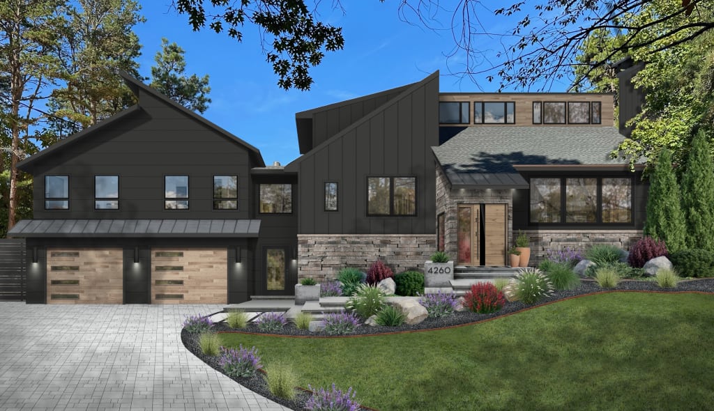 contemporary home with black siding and natural materials