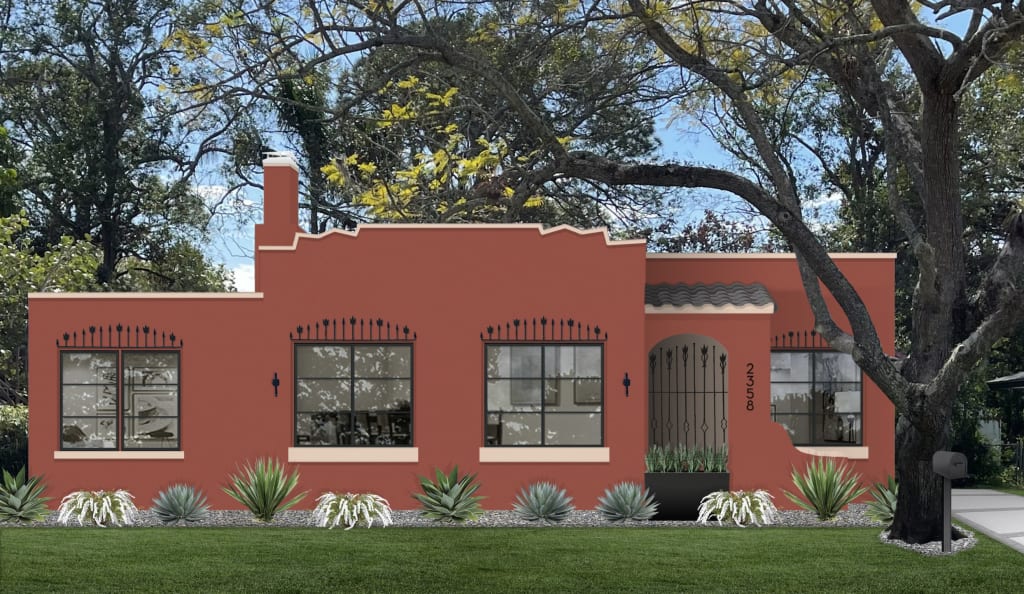 Single-level stucco home painted in shade Terra Cotta Tile by Benjamin Moore with black window casings.