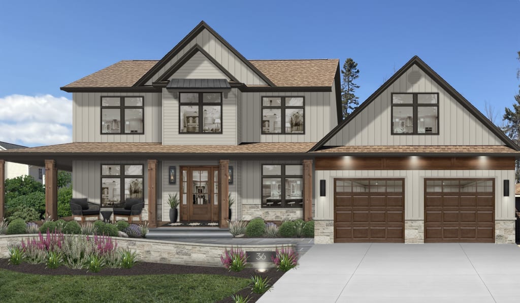 Two story transitional home with warm gray paint and a brown roof
