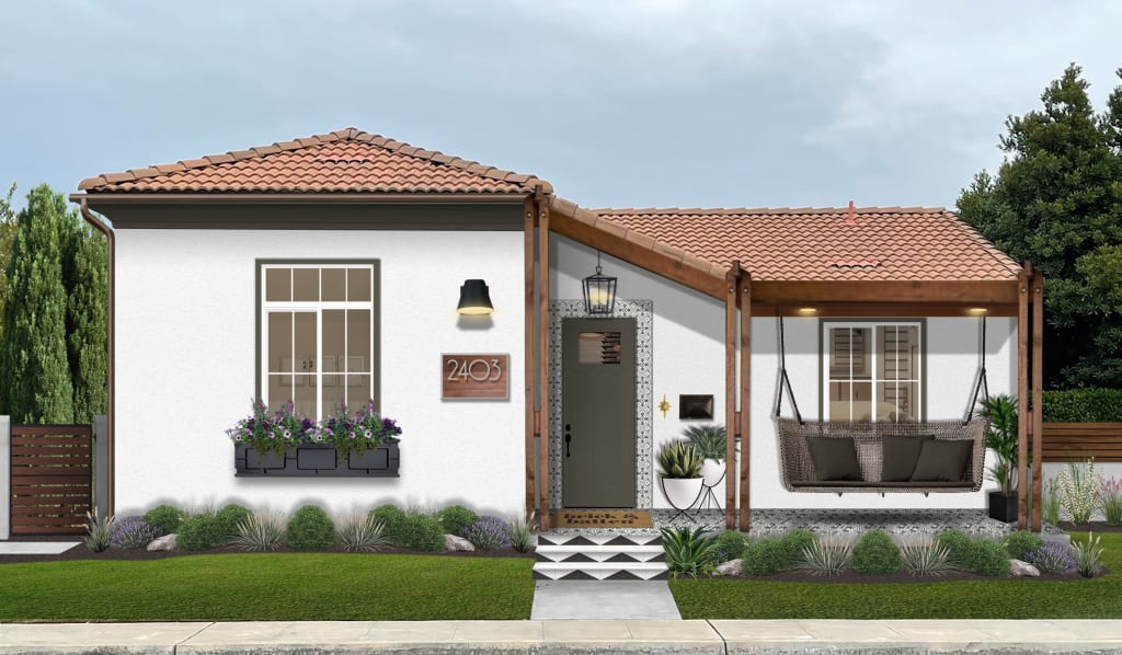 Exterior view of a white stucco house