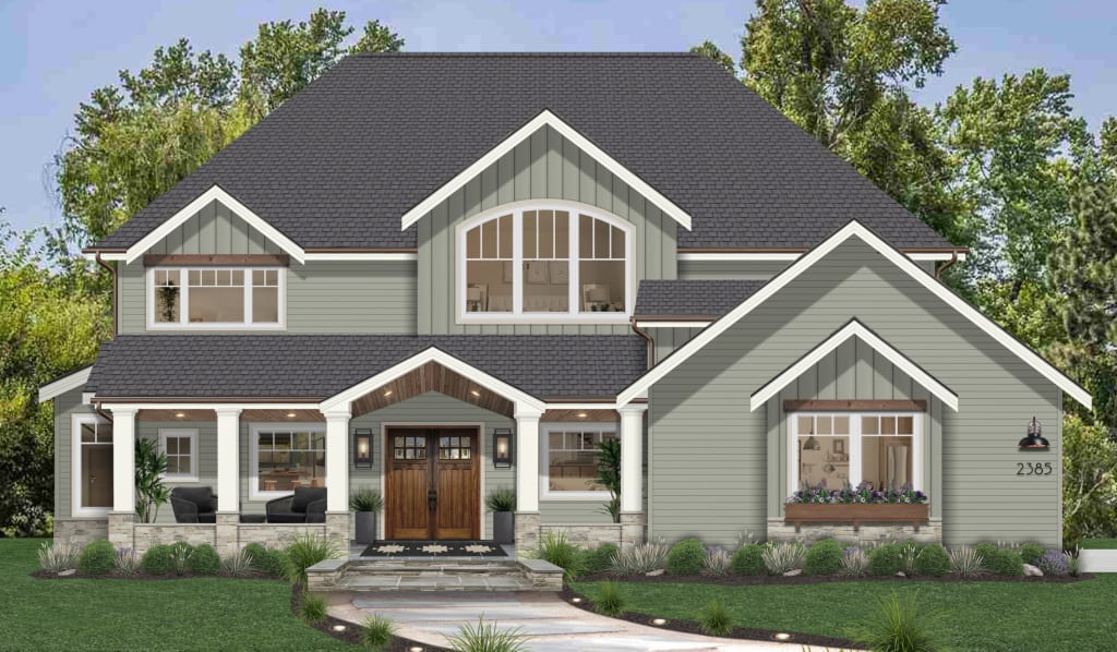 Two-story home with horizontal and vertical paneled siding in Magnolia James Hardie color Dried Eucalyptus