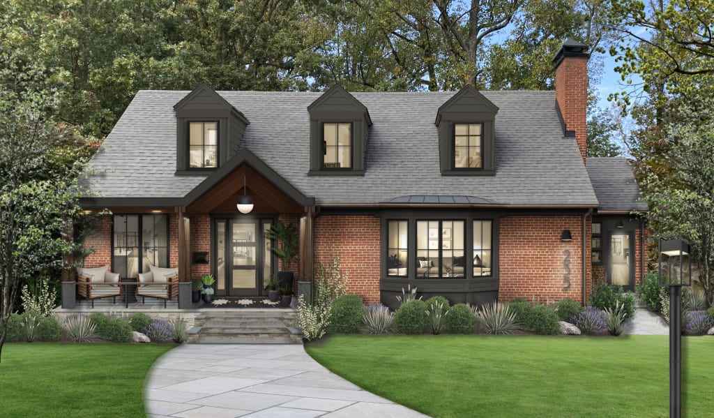Virtual exterior design of a Cape Cod style home with red brick and Urbane Bronze accents, including on dormers