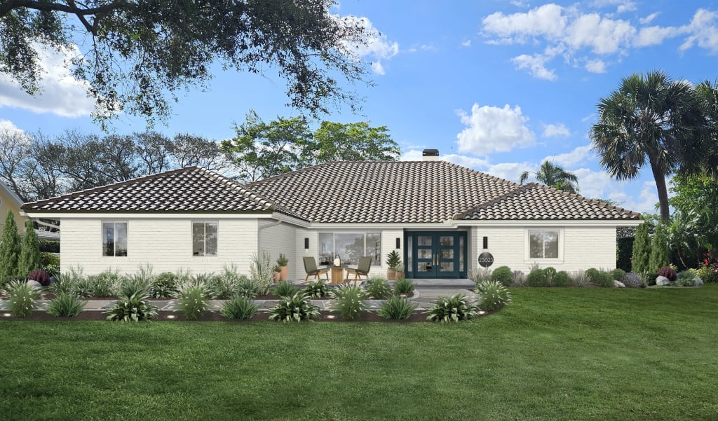 A rendering of a home with small patio furniture that provides seating for two